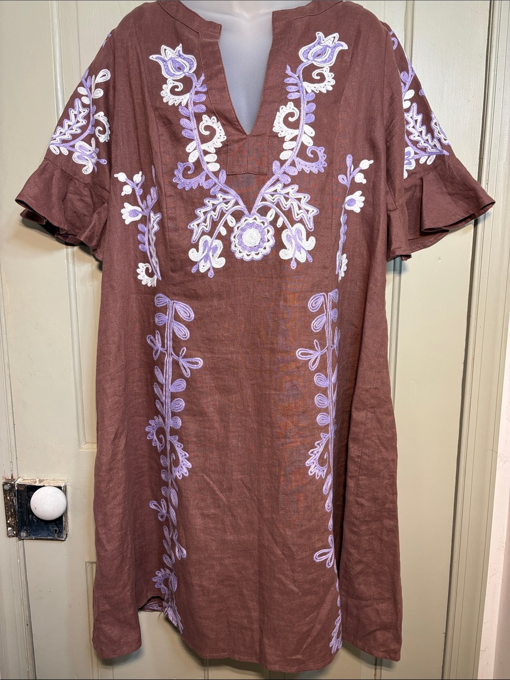 MARCH 11 Embroidered Linen Boho Mini Dress Tunic Brown Lavender M